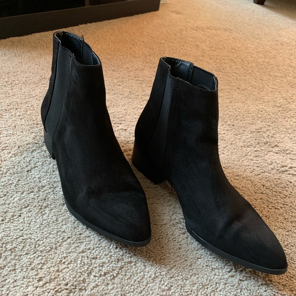Black suede point toe ankle boots